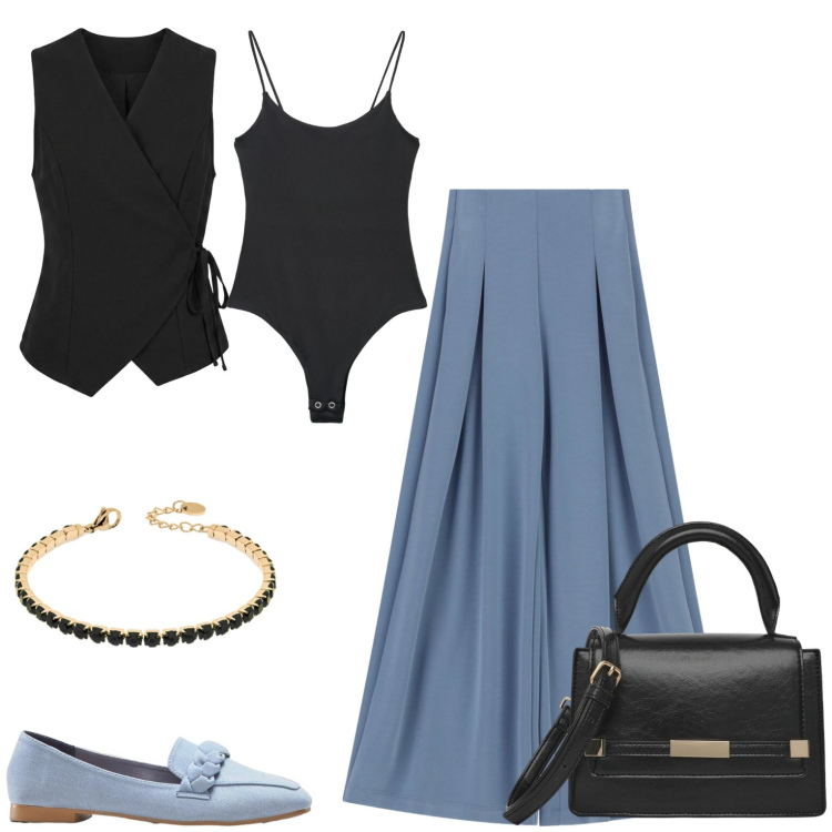 Outfit donna - Serata. Stile Casual chic per Serata fuori. Abbinamento con mocassini, top, borse a spalla, pantaloni a palazzo, braccialetti, gilet.