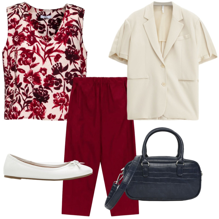 Outfit donna - Wine e ballerine. Stile Casual per Tutti i giorni. Abbinamento con ballerine, borse a spalla, canottiere, blazer, pantaloni.