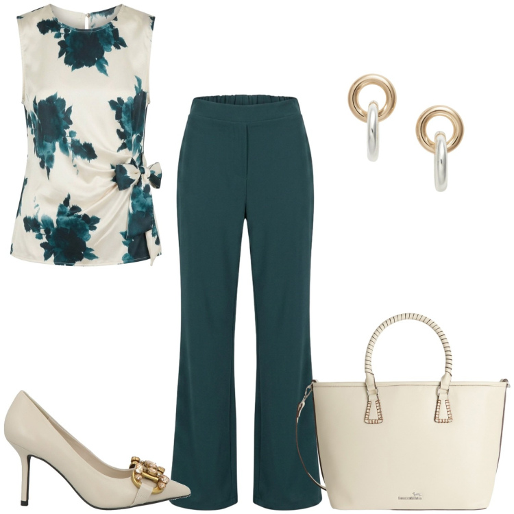 Outfit donna - Serata. Stile Casual chic per Serata fuori. Abbinamento con décolleté, shopping bag, pantaloni, top, orecchini.