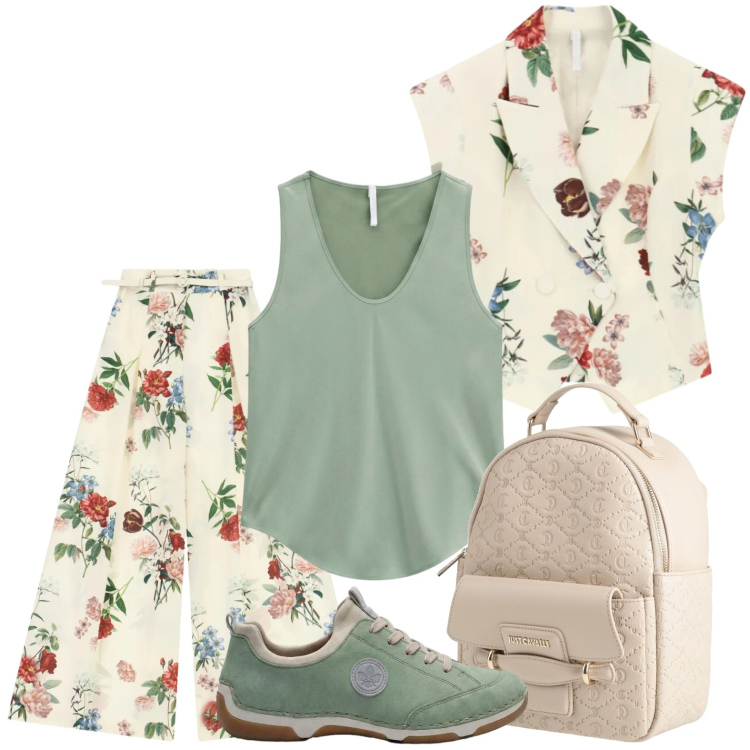 Outfit donna - Completo floreale. Stile Romantica per Tutti i giorni. Abbinamento con zaini, sneakers, pantaloni a palazzo, gilet, top.