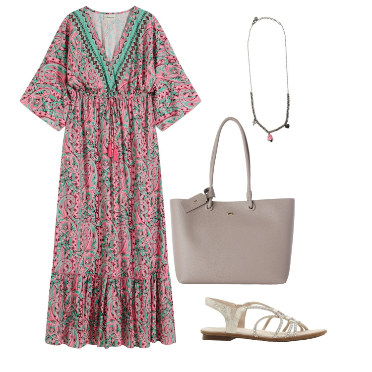 Outfit donna - Cena in spiaggia. Stile Romantica per Serata fuori. Abbinamento con sandali, vestiti lunghi, shopping bag, ciondoli.