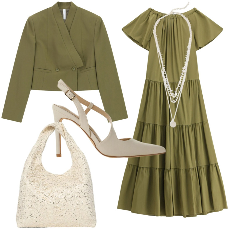 Outfit donna - Blazer military. Stile Glamour per Tutti i giorni. Abbinamento con collane, borse a spalla, blazer, décolleté, vestiti lunghi.