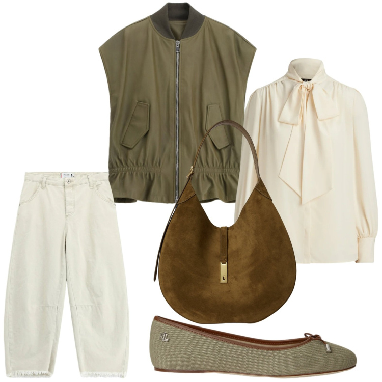 Outfit donna - Urban girl. Stile Casual per Tutti i giorni. Abbinamento con jeans dritti, gilet, borse a spalla, camicie, ballerine.