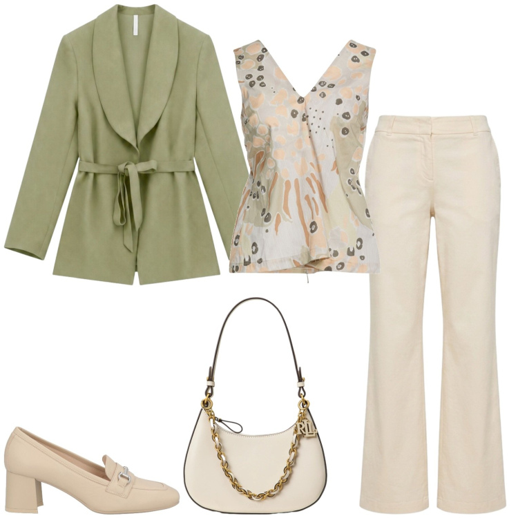 Outfit donna - Happy day. Stile Casual chic per Tutti i giorni. Abbinamento con mocassini, top, pantaloni, blazer, borse a spalla.