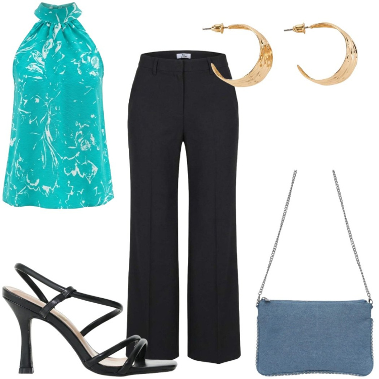 Outfit donna - Total look #2457927. Stile Glamour per Serata fuori. Abbinamento con orecchini, borse a tracolla, pantaloni a palazzo, sandali col tacco, top.