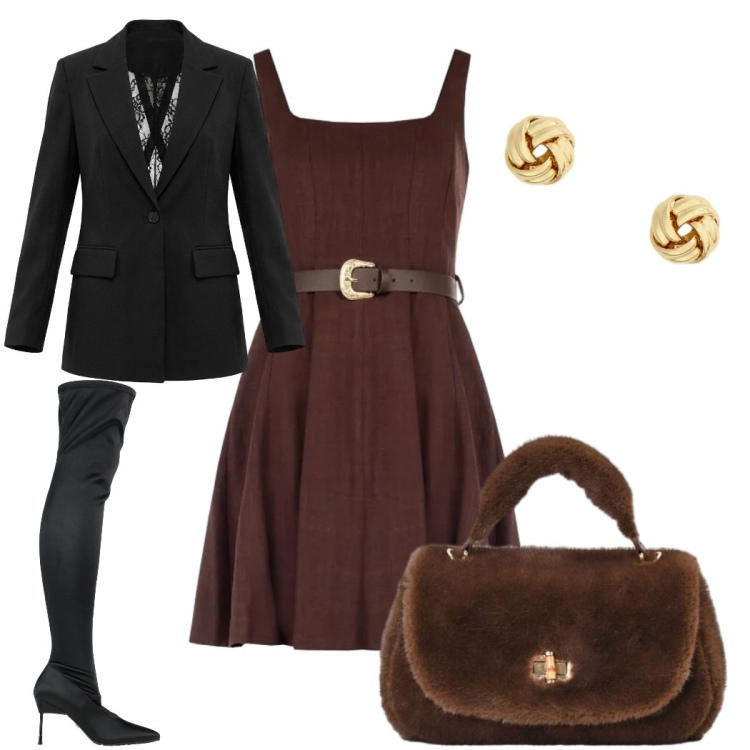 Outfit donna - Total look #2457930. Stile Glamour per Serata fuori. Abbinamento con stivali, blazer, orecchini, vestiti corti, borse a mano.