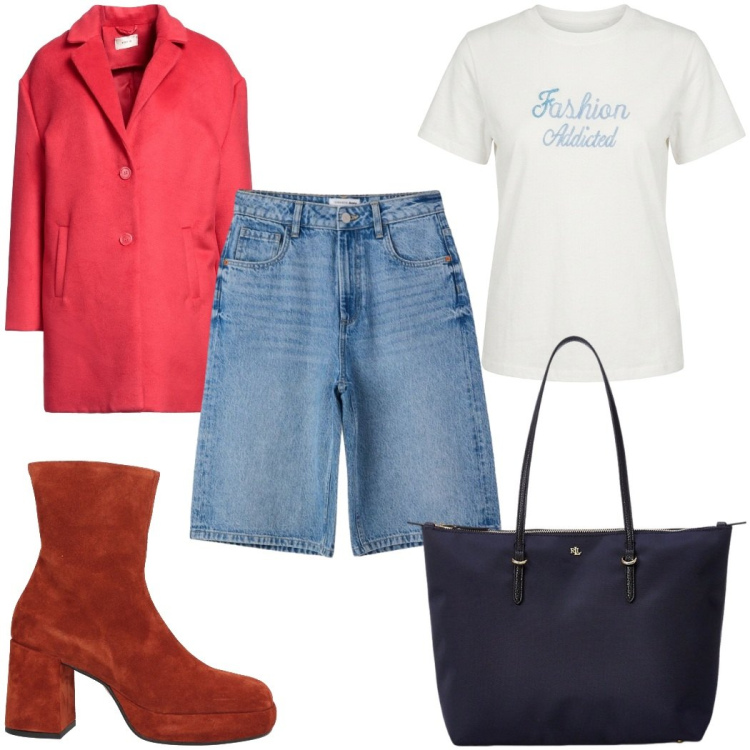 Outfit donna - Total look #2457931. Stile Casual chic per Tutti i giorni. Abbinamento con cappotti, stivaletti, bermuda, t-shirt, borse tote.