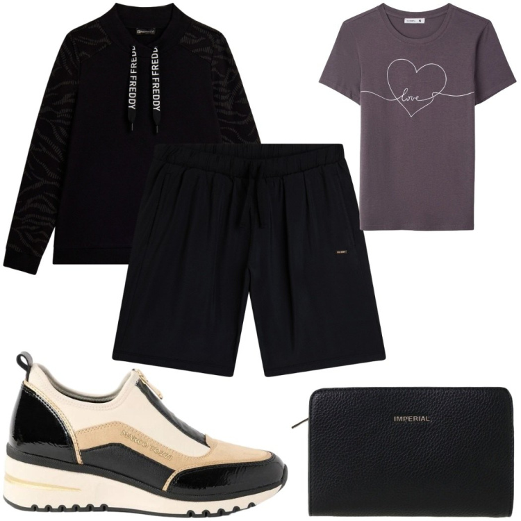 Outfit donna - Total look #2457934. Stile Casual per Sport. Abbinamento con sneakers, t-shirt, borse a tracolla, bermuda, felpe.