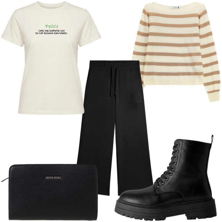 Outfit donna - Total look #2457935. Stile Casual per Tutti i giorni. Abbinamento con anfibi, maglieria, borse a tracolla, pantaloni, t-shirt.