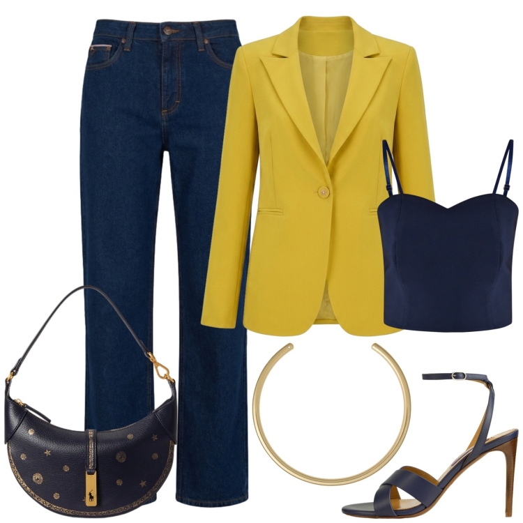 Outfit donna - Apericena di fine agosto. Stile Casual chic per Serata fuori. Abbinamento con jeans, top, blazer, collane, borse a spalla, sandali col tacco.