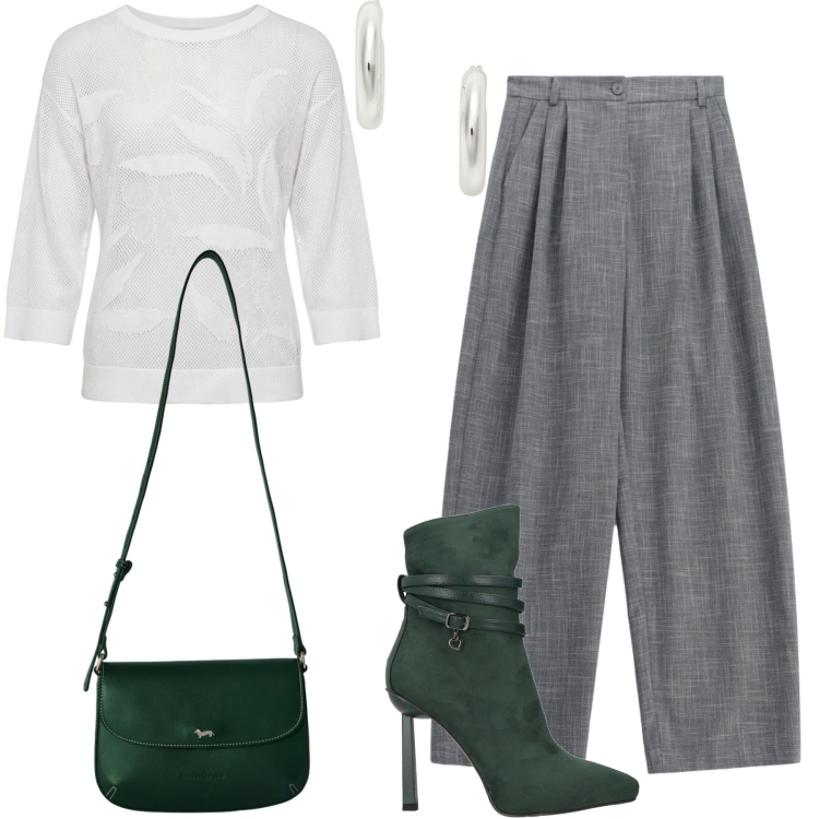 Outfit donna - Lavoro/uscite/eventi diurni. Stile Casual per Ufficio. Abbinamento con stivaletti, borse a tracolla, maglieria, pantaloni a palazzo, orecchini.