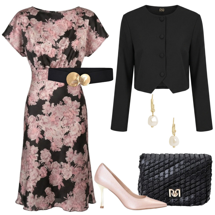 Outfit donna - Il morbido abito floreale in satin. Stile Bon Ton per Cerimonia. Abbinamento con cinture, blazer, décolleté, borse a tracolla, vestiti midi/longuette, orecchini.