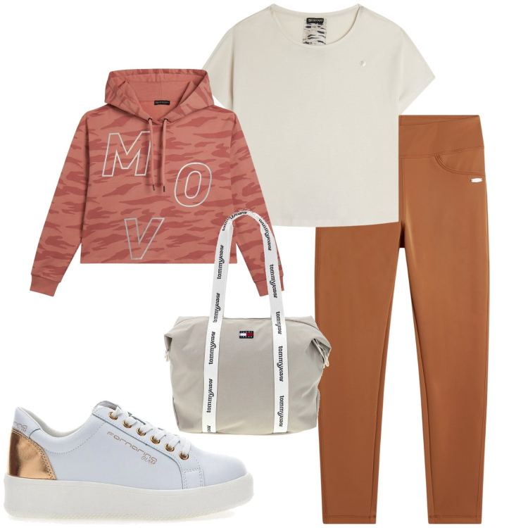 Outfit donna - Sportiva. Stile Casual per Sport. Abbinamento con leggings, t-shirt, felpe, sneakers, shopping bag.