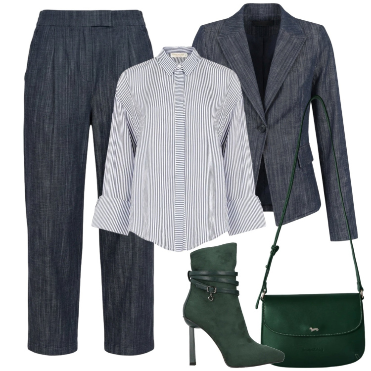 Outfit donna - Il tailleur pantalone di jeans. Stile Mannish per Serata fuori. Abbinamento con stivaletti, borse a tracolla, camicie, jeans, blazer.