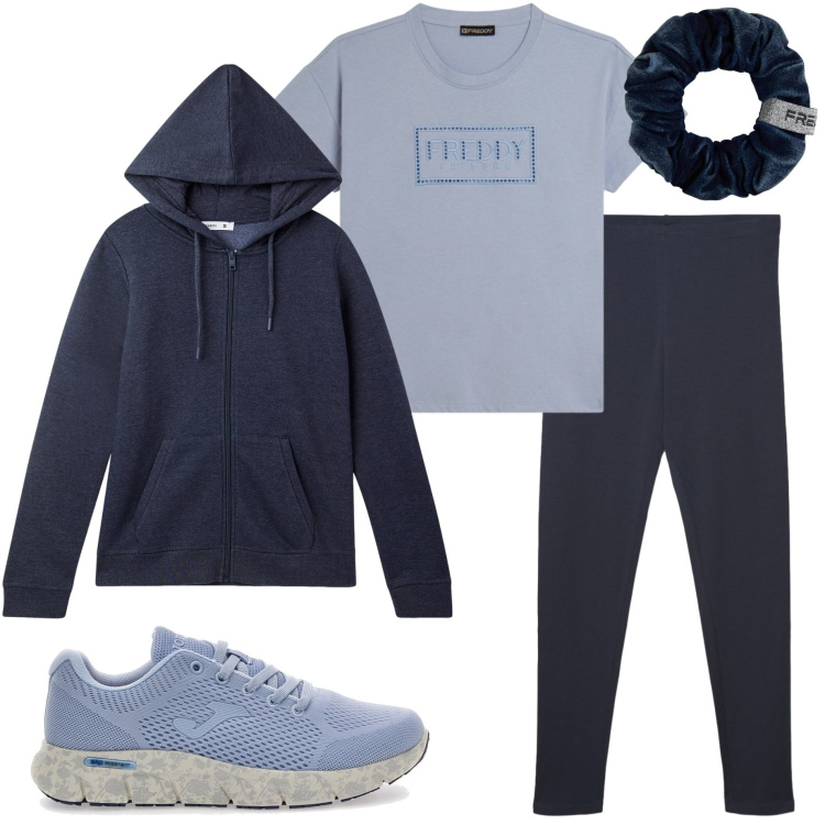 Outfit donna - Pilates class. Stile Casual per Sport. Abbinamento con leggings, felpe sportive, accessori per capelli, t-shirt, sneakers.