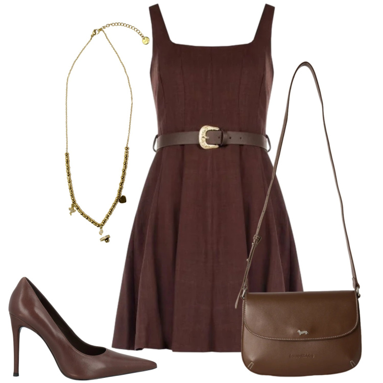Outfit donna - Rientro in città. Stile Glamour per Ufficio. Abbinamento con décolleté, borse a tracolla, ciondoli, vestiti corti.
