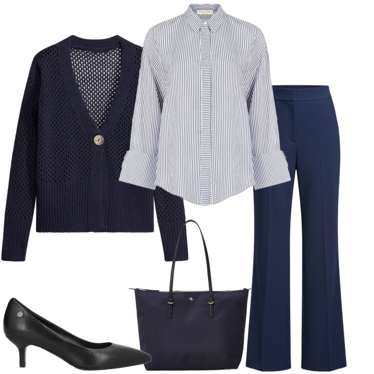 Outfit donna - In città. Stile Casual chic per Ufficio. Abbinamento con décolleté, cardigans, borse tote, pantaloni a palazzo, camicie.