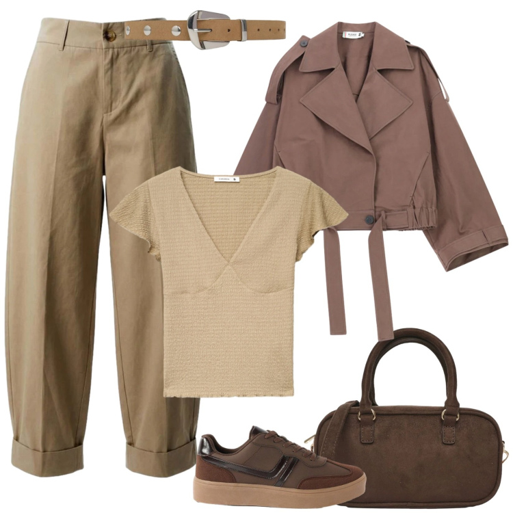 Outfit donna - Al cinema all\' aperto a fine agosto. Stile Casual per Tutti i giorni. Abbinamento con sneakers, t-shirt, cinture, borse a tracolla, pantaloni, cappotti.