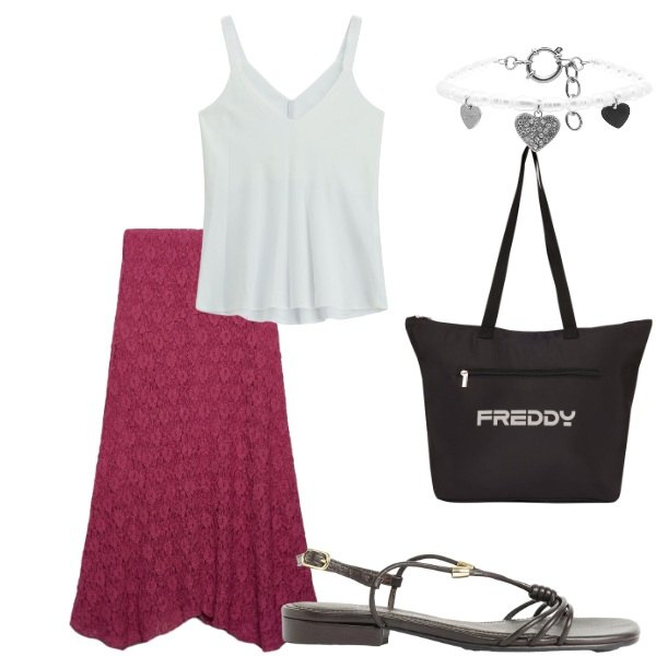 Outfit donna - Estate. Stile Casual per Tutti i giorni. Abbinamento con sandali, gonne lunghe, top, braccialetti, shopping bag.