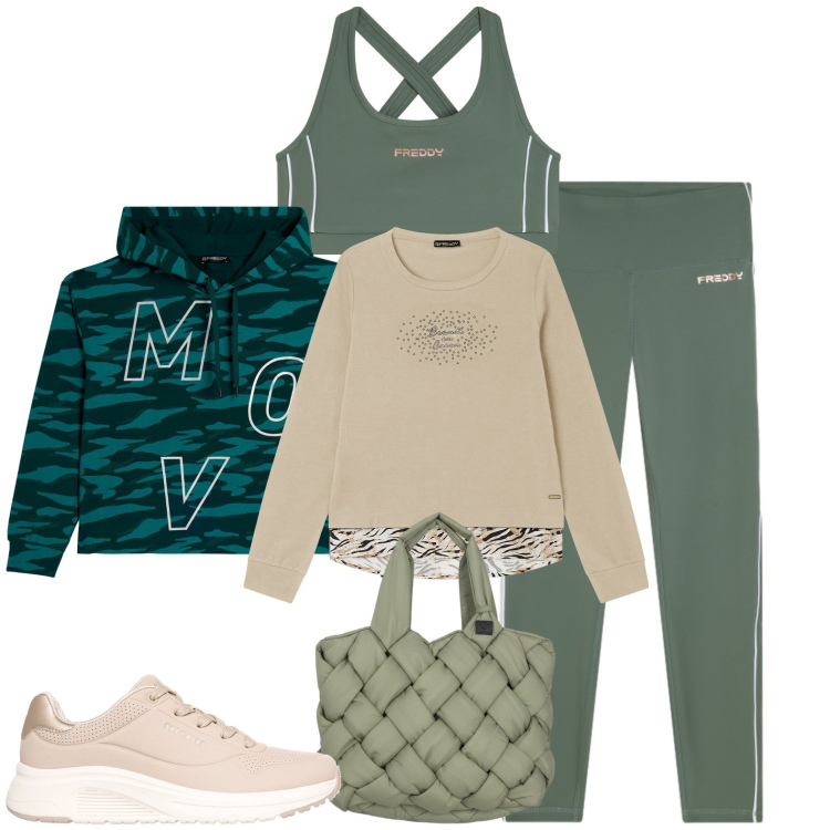 Outfit donna - Sport. Stile Casual per Sport. Abbinamento con felpe con cappuccio, felpe, top, leggings, borse tote, sneakers.