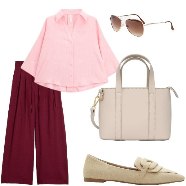 Outfit donna - Pensando a settembre. Stile Casual chic per Tutti i giorni. Abbinamento con occhiali da sole, mocassini, pantaloni, borse a tracolla, camicie.