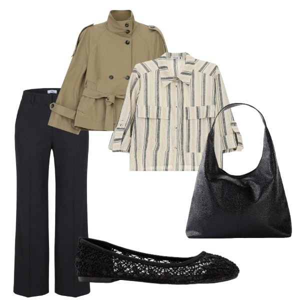 Outfit donna - Sere di settembre. Stile Casual chic per Tutti i giorni. Abbinamento con ballerine, shopping bag, pantaloni a palazzo, camicie a manica corta, trench.