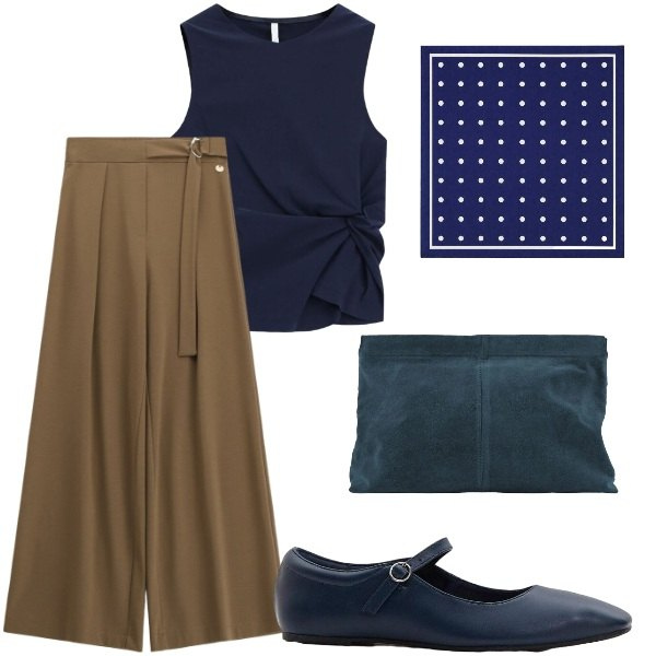 Outfit donna - Serata tra amici. Stile Casual chic per Tutti i giorni. Abbinamento con ballerine, pantaloni a palazzo, canottiere, pochette, foulard.