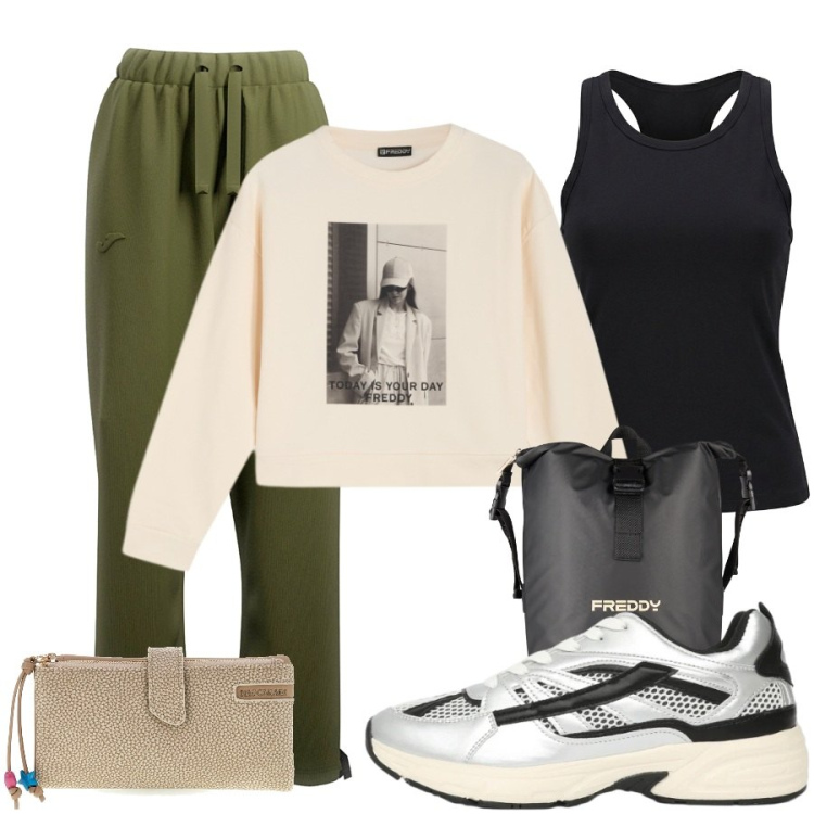 Outfit donna - Total look #2457968. Stile Sporty chic per Sport. Abbinamento con sneakers, felpe, borse sportive, pantaloni, canottiere, portafogli.
