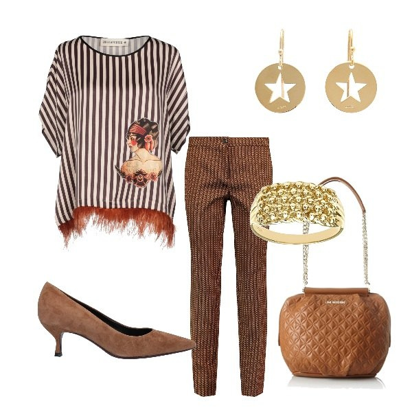 Outfit donna - Basic #3321. Stile Basic per Serata fuori. Abbinamento con bluse, pantalone fantasia multicolore con zip jacquard, décolleté effetto scamosciato con tacco geometrico a punta tinta unita, orecchini argento, borsa a spalla marrone, anello in oro giallo certificato autenticità argento.