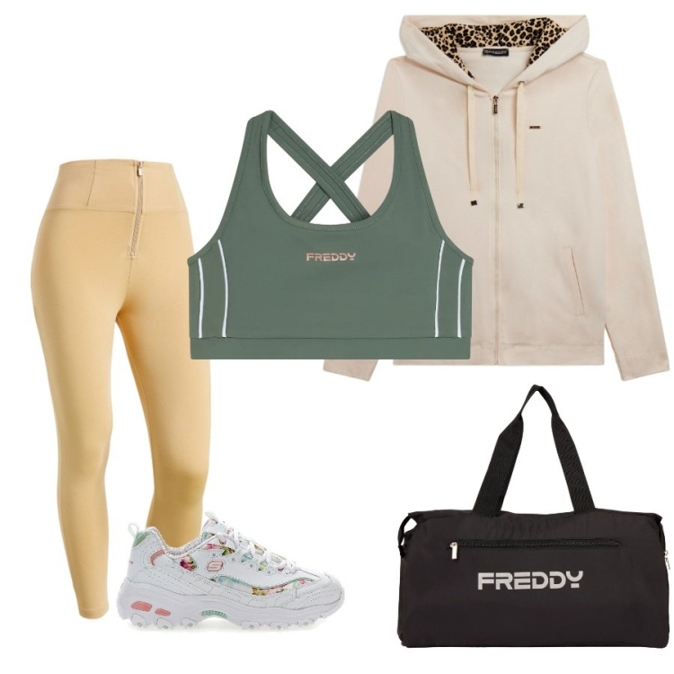 Outfit donna - Total look #2457970. Stile Sporty chic per Sport. Abbinamento con felpe con cappuccio, pantaloni skinny, borse sportive, top, sneakers.