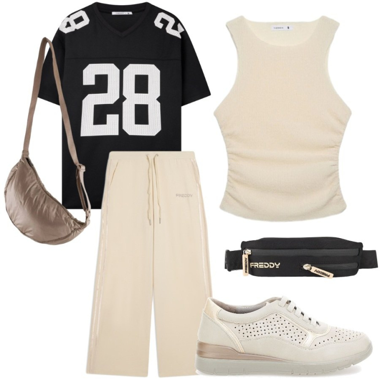 Outfit donna - Total look #2457973. Stile Sporty chic per Sport. Abbinamento con top, t-shirt sportive, pantaloni, borse sportive, borse sportive, sneakers.
