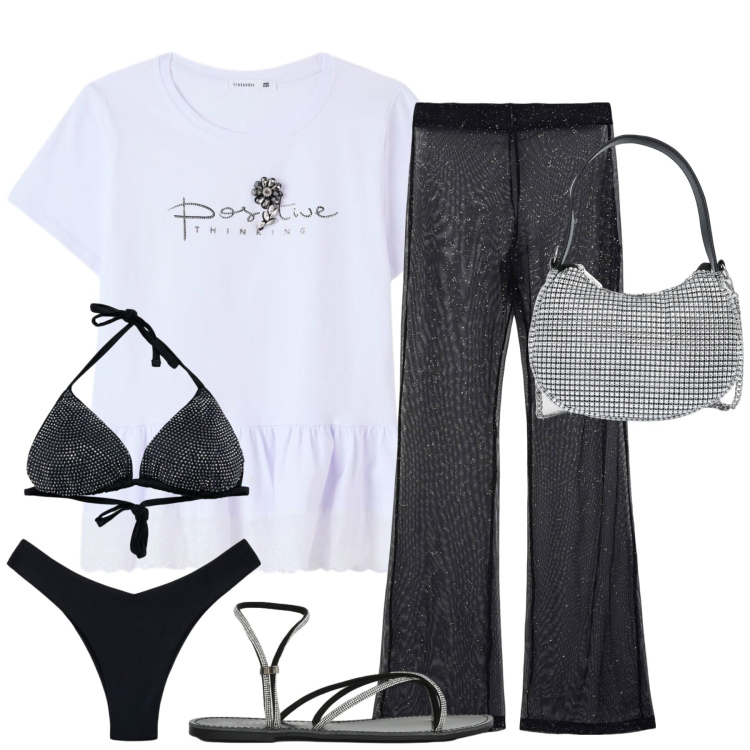 Outfit donna - Black and white. Stile Urban per Mare. Abbinamento con borse a spalla, vestiti da spiaggia, sandali, bikini, t-shirt, bikini.