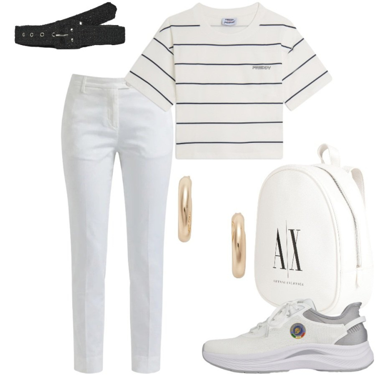 Outfit donna - Total look #2457978. Stile Casual chic per Tutti i giorni. Abbinamento con zaini, pantaloni, cinture, t-shirt, scarpe sportive, orecchini.