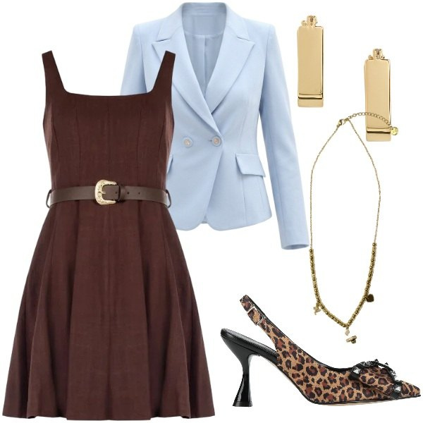 Outfit donna - Compleanno in villa. Stile Chic per Serata fuori. Abbinamento con décolleté, ciondoli, blazer, vestiti corti, orecchini.