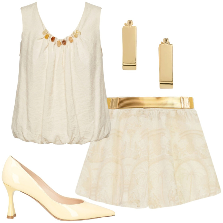 Outfit donna - Aperitivo terrazza sul mare. Stile Casual per Serata fuori. Abbinamento con décolleté, shorts, cinture, top, orecchini.