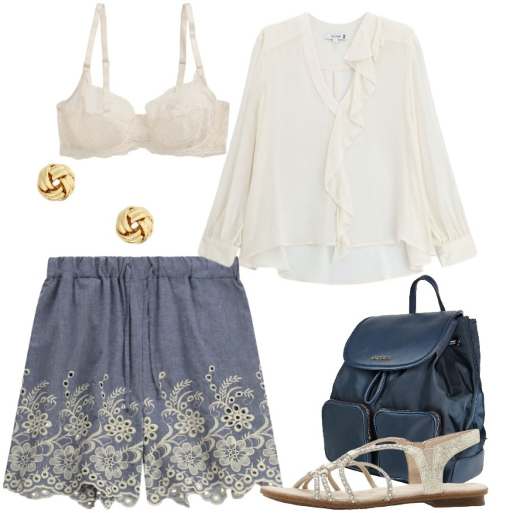 Outfit donna - Total look #2457984. Stile Casual chic per Tutti i giorni. Abbinamento con zaini, sandali, shorts, bluse, reggiseni, orecchini.