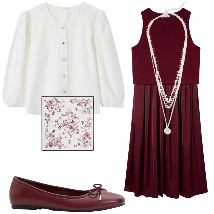 Outfit donna - Serata bon ton. Stile Bon Ton per Serata fuori. Abbinamento con ballerine, collane, vestiti midi/longuette, bluse, foulard.