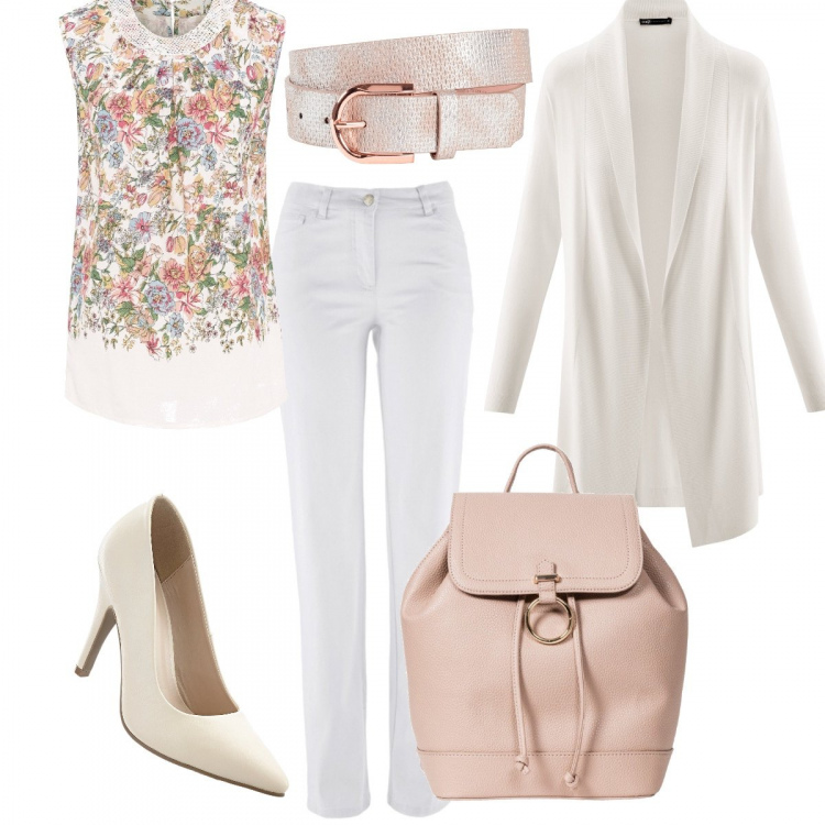 Outfit donna - Voglia di primavera. Stile Basic per Ufficio. Abbinamento con pantaloni, blusa con pizzo fantasia con scollo senza maniche con pieghe bianco, zaino con anello, décolleté, cintura effetto metallizzato in pelle sintetica impreziosito rosa, cardigan scollo a cascata avorio.
