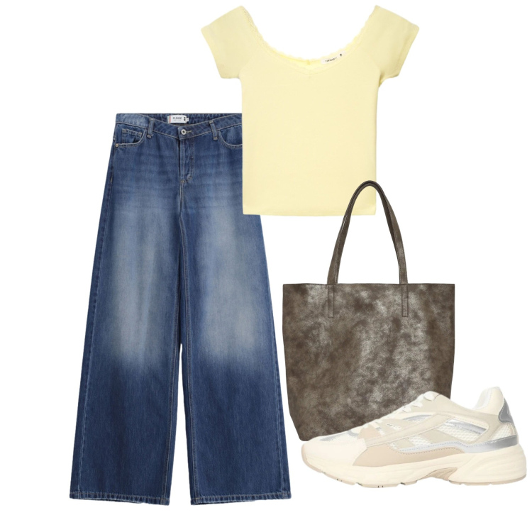 Outfit donna - Agosto. Stile Bon Ton per Tutti i giorni. Abbinamento con shopping bag, sneakers, t-shirt, jeans.