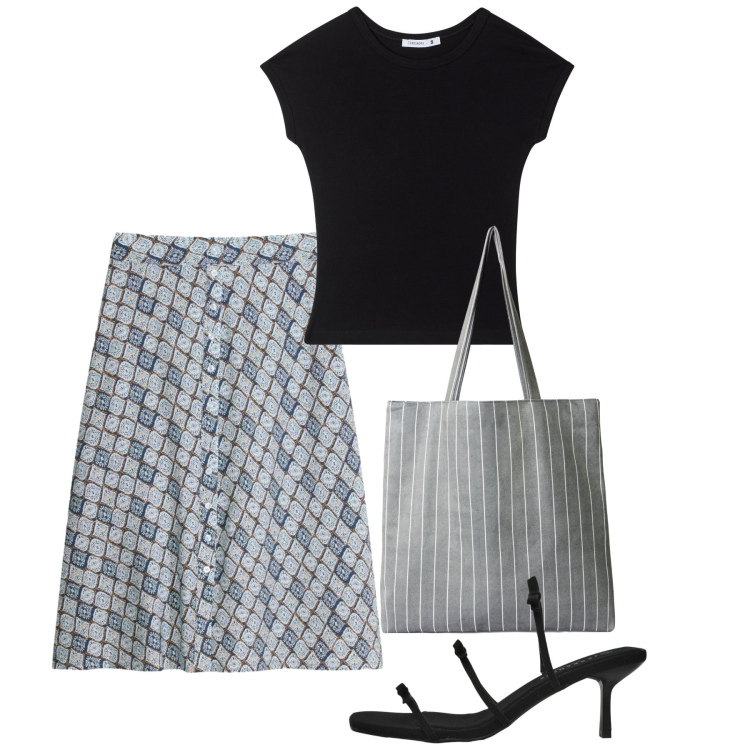 Outfit donna - Agosto. Stile Bon Ton per Ufficio. Abbinamento con gonne, t-shirt, shopping bag, sandali col tacco.