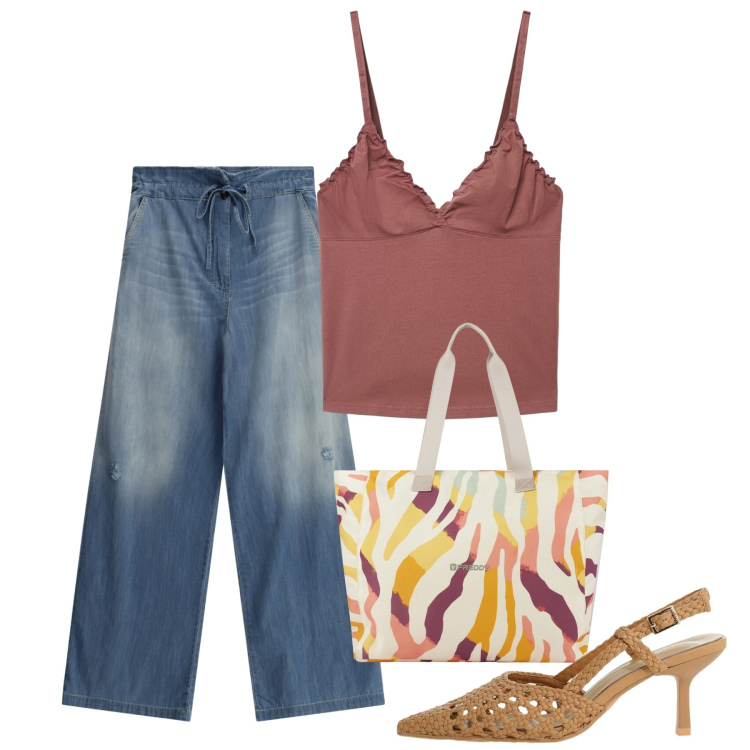 Outfit donna - Agosto. Stile Casual chic per Tutti i giorni. Abbinamento con canottiere, shopping bag, décolleté, jeans.