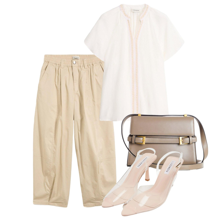 Outfit donna - Sandali nude. Stile Casual chic per Tutti i giorni. Abbinamento con tuniche, pantaloni, borse a tracolla, sandali col tacco.