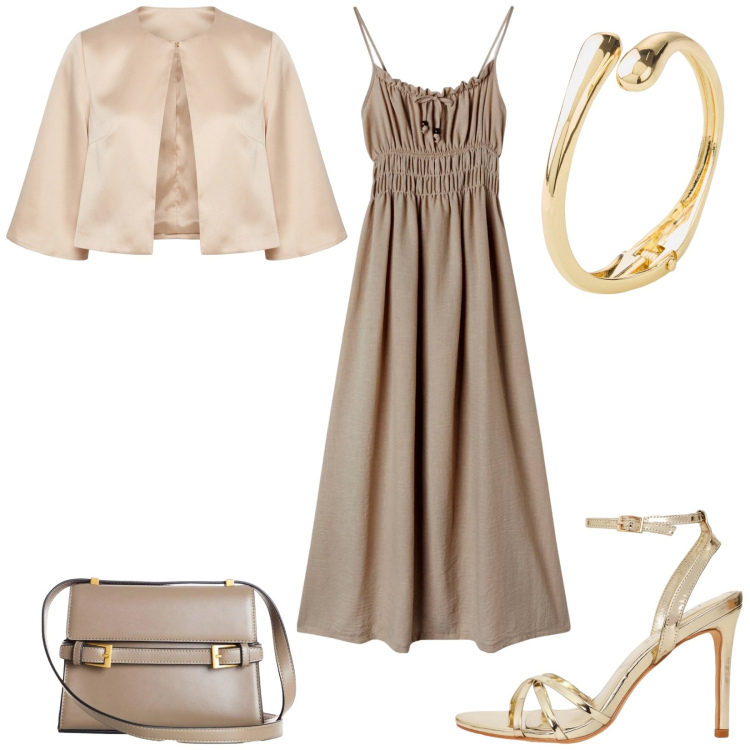 Outfit donna - Total look #2458023. Stile Chic per Cerimonia. Abbinamento con braccialetti, borse a tracolla, vestiti lunghi, sandali col tacco, bolero.