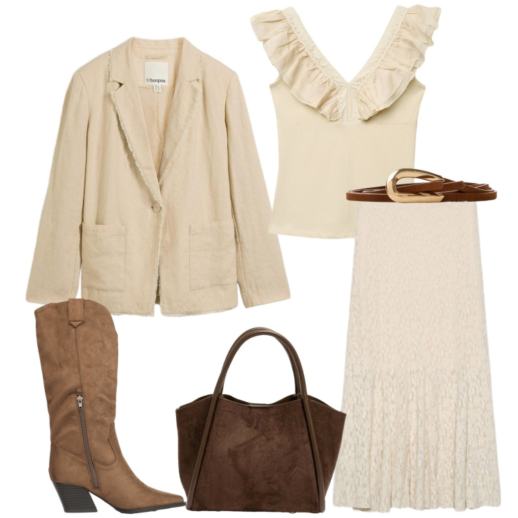 Outfit donna - Total look #2458033. Stile Urban per Serata fuori. Abbinamento con blazer, cinture, gonne lunghe, canottiere, stivali, borse a spalla.