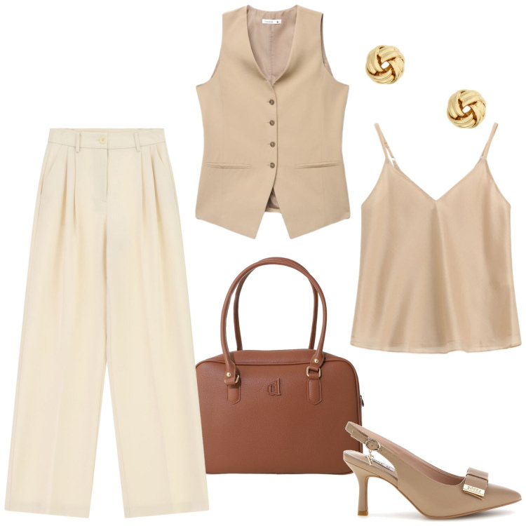 Outfit donna - Oroscopo La Vergine - L\'ordine perfetto. Stile Chic per Serata fuori. Abbinamento con pantaloni a palazzo, borse a mano, top, gilet, orecchini, décolleté.