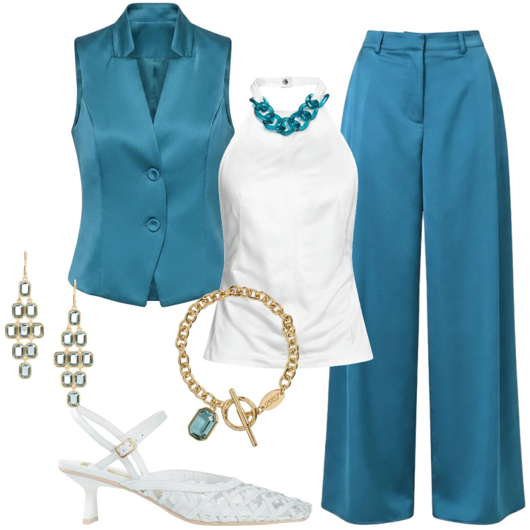 Outfit donna - Quando il colore parla da solo. Stile Chic per Cerimonia. Abbinamento con top, décolleté, pantaloni a palazzo, gilet, braccialetti, orecchini.