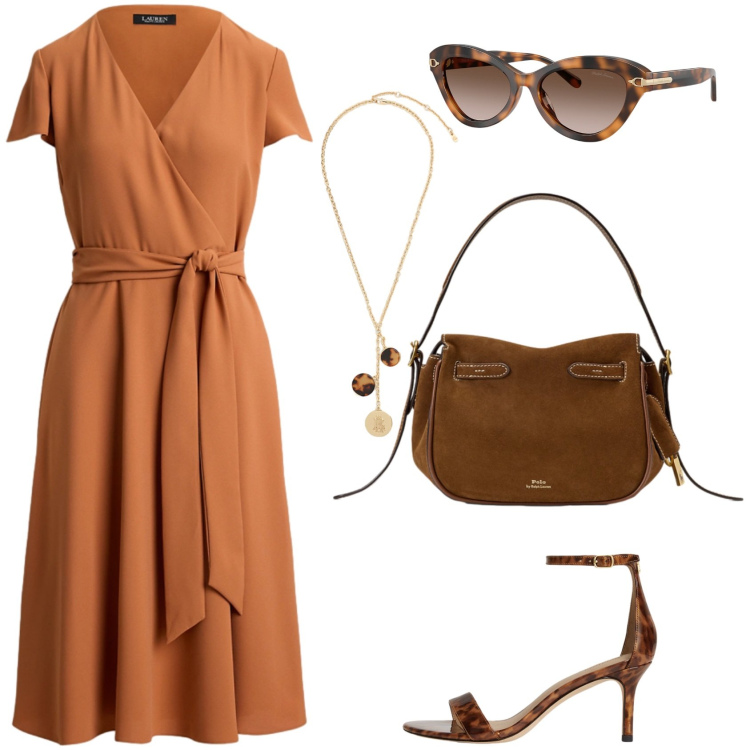 Outfit donna - L\' ordine perfetto. Stile Casual chic per Serata fuori. Abbinamento con vestiti, sandali in pelle, borse a mano, occhiali da sole, collane.