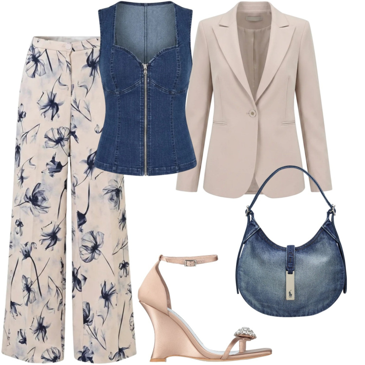 Outfit donna - Total look #2458069. Stile Chic per Tutti i giorni. Abbinamento con ciabatte, pantaloni a palazzo, blazer, gilet, reggiseni, borse a spalla.
