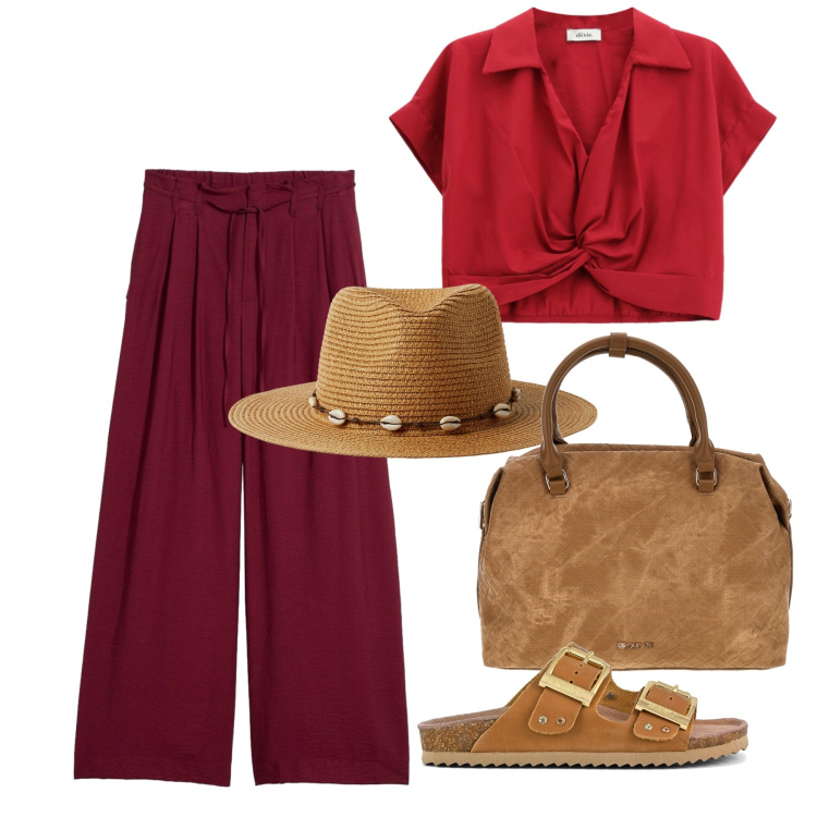 Outfit donna - Agosto. Stile Trendy per Tutti i giorni. Abbinamento con pantaloni, cappelli, top, sandali, borse a tracolla.