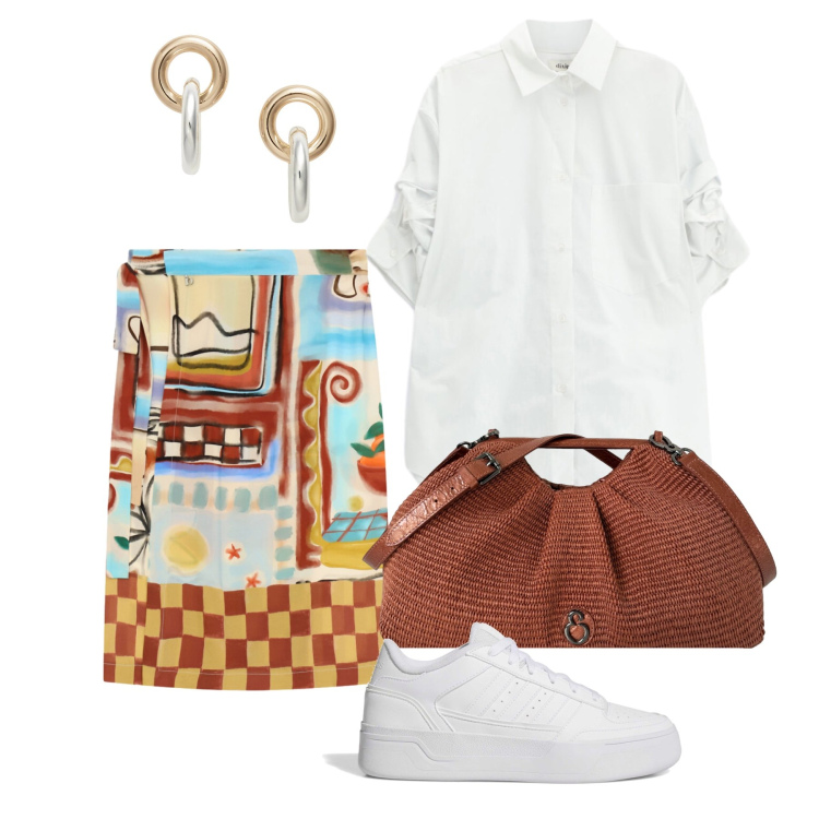Outfit donna - Agosto. Stile Glamour per Tutti i giorni. Abbinamento con gonne longuette, camicie a manica corta, clutch, orecchini, sneakers.